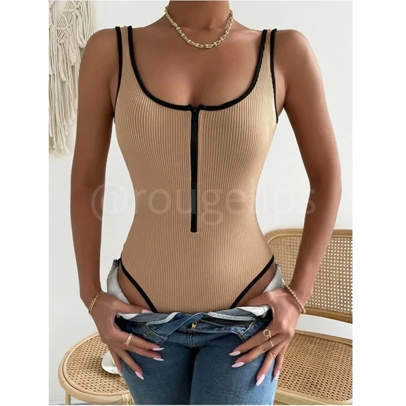 Tan Bodysuit Contrast Black Binding Trim Fitted Nude Beige Camel Ribbed Zip - Picture 6 of 7